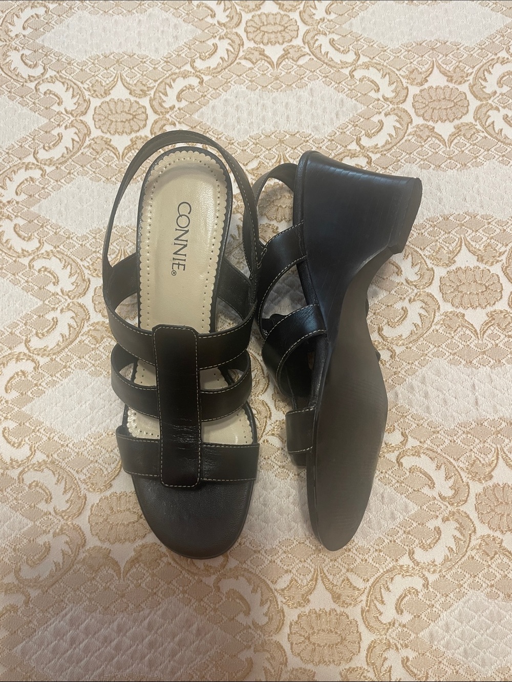 Connie Black Strappy Wedge Sandals with Slingback - Picture 3 of 8